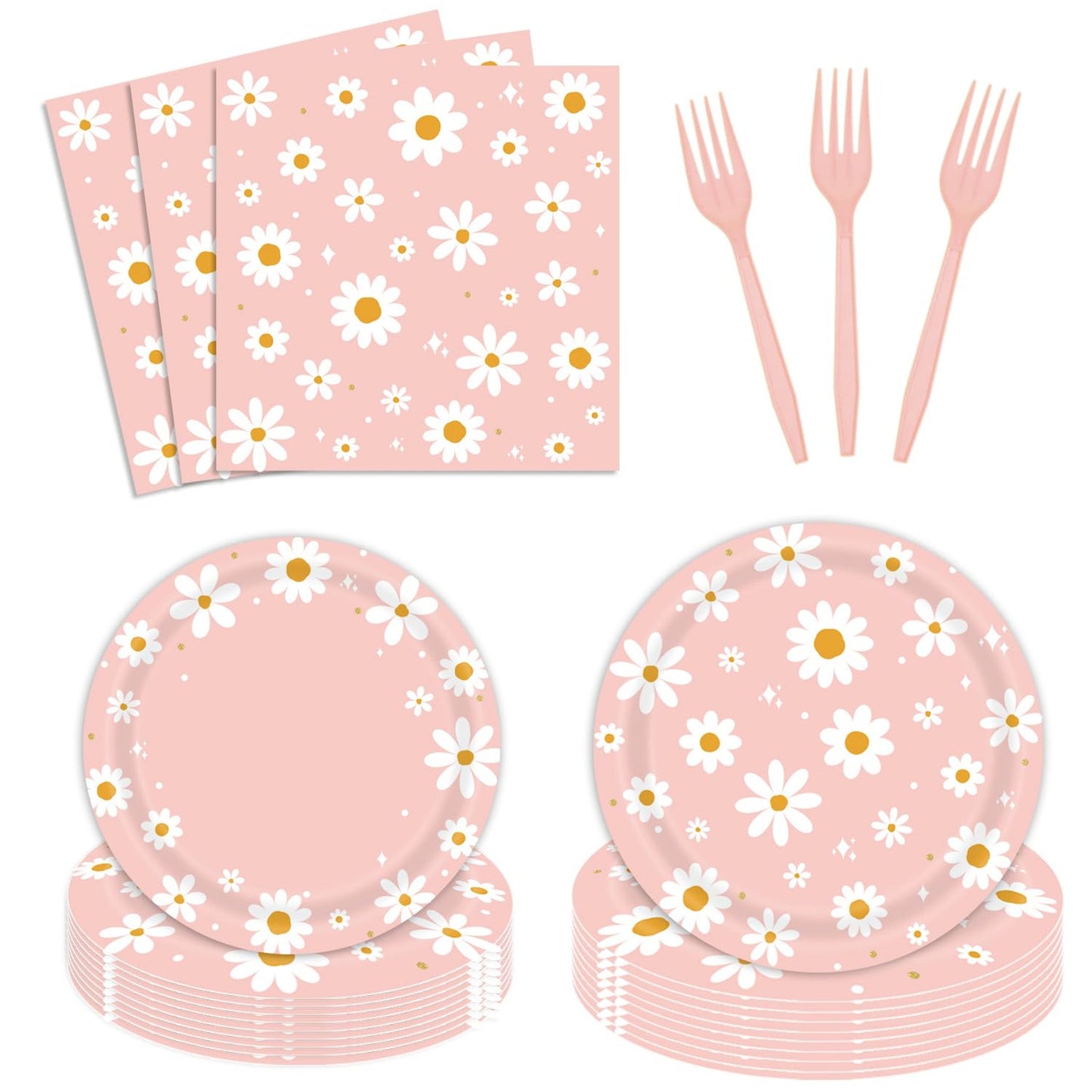 Daisy Groovy Party Pack - 96pc Tableware Set for Girl Birthday & Baby Shower. Includes Plates, Napkins, Forks to Serve 24 Guests. Fun Disposable Decorations!