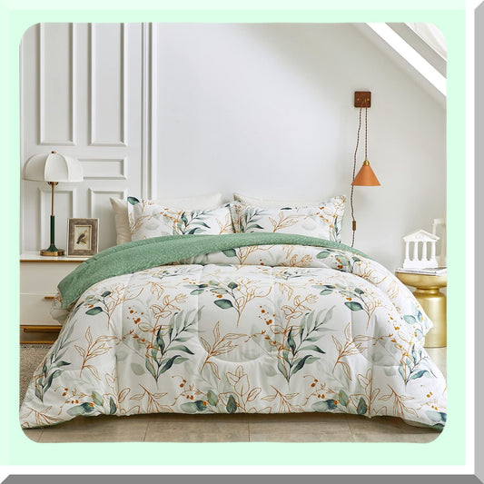 GoldenLeaf Botanical Comforter Set - Full/Queen Size, Reversible Green and White Design, Soft Microfiber Bedding for All Seasons - Includes 1 Comforter and 2 Pillow Shams - 90x90 inches