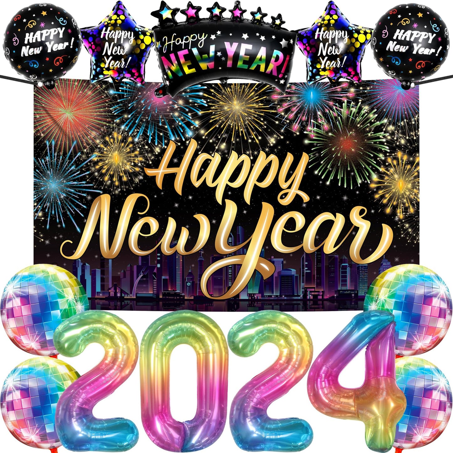 New Year's Eve Party Supplies 2024 Set with Balloons and Banner