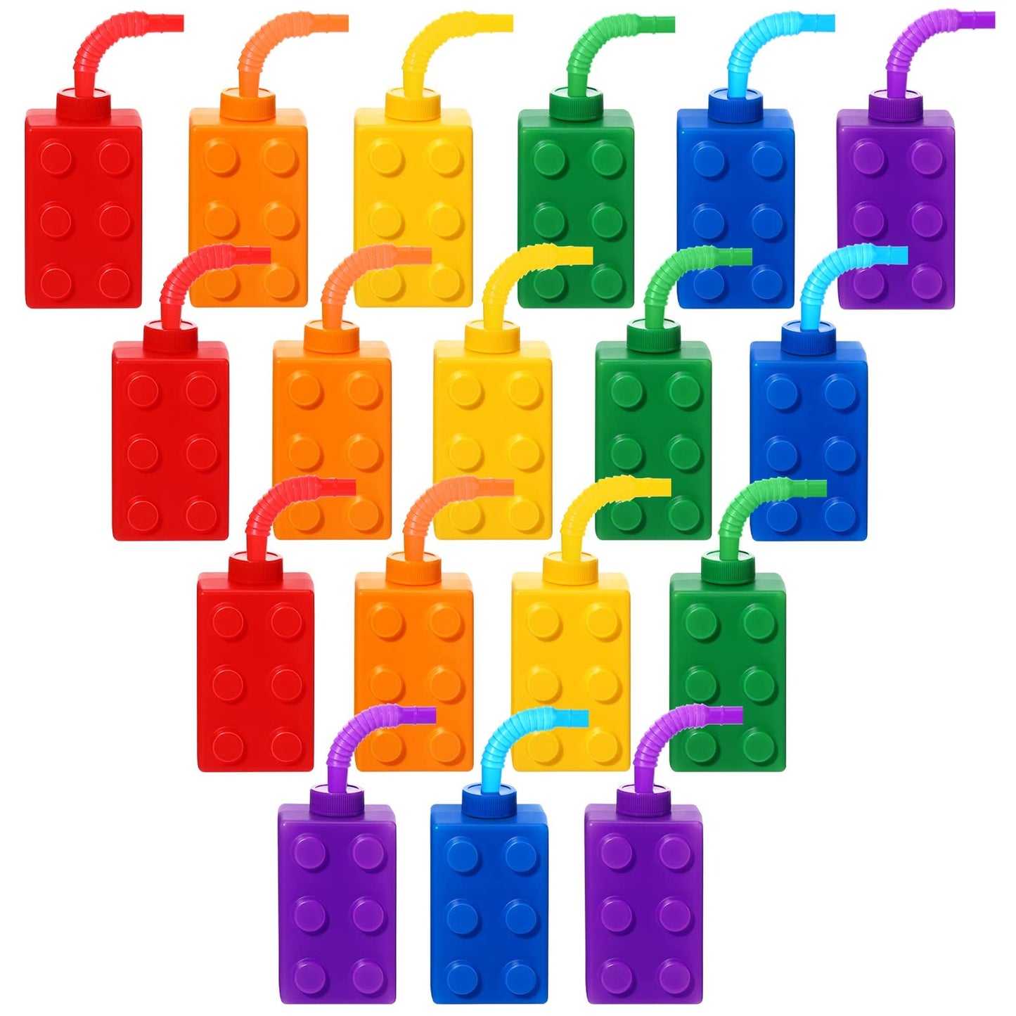 Block Party Brick Cups - 10 oz Reusable Plastic Cups with Lids and Straws for Kids Birthday Party Supplies - Set of 18 Building Blocks Cups