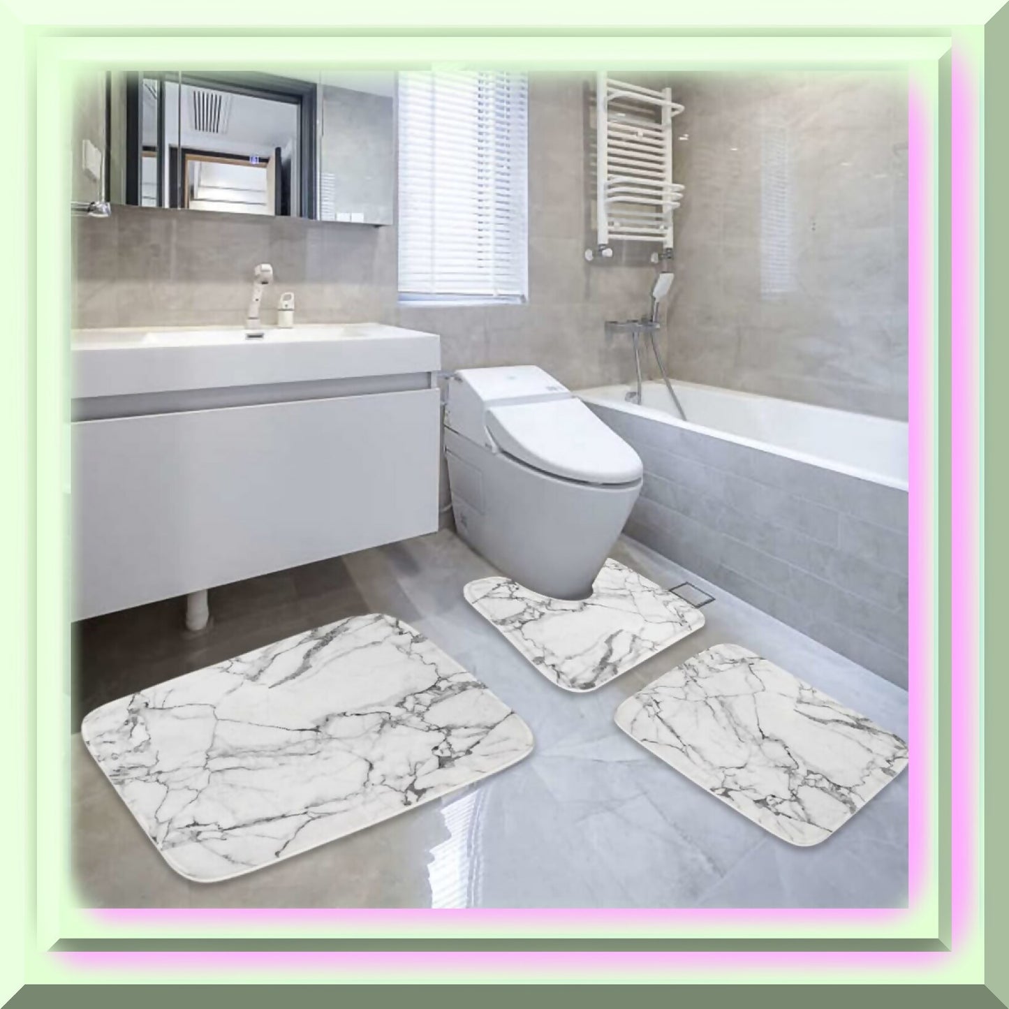 Grey and White Bathroom Rugs 20x31 Marble 3-Piece Set