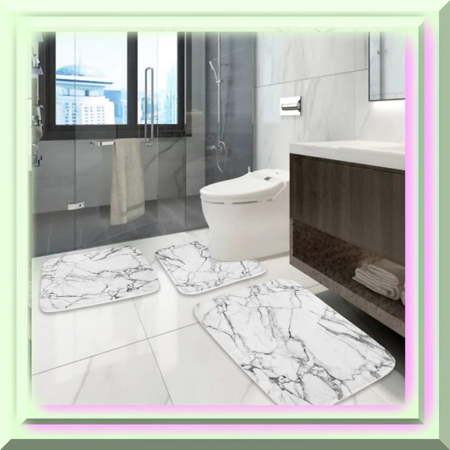 Grey and White Bathroom Rugs 20x31 Marble 3-Piece Set