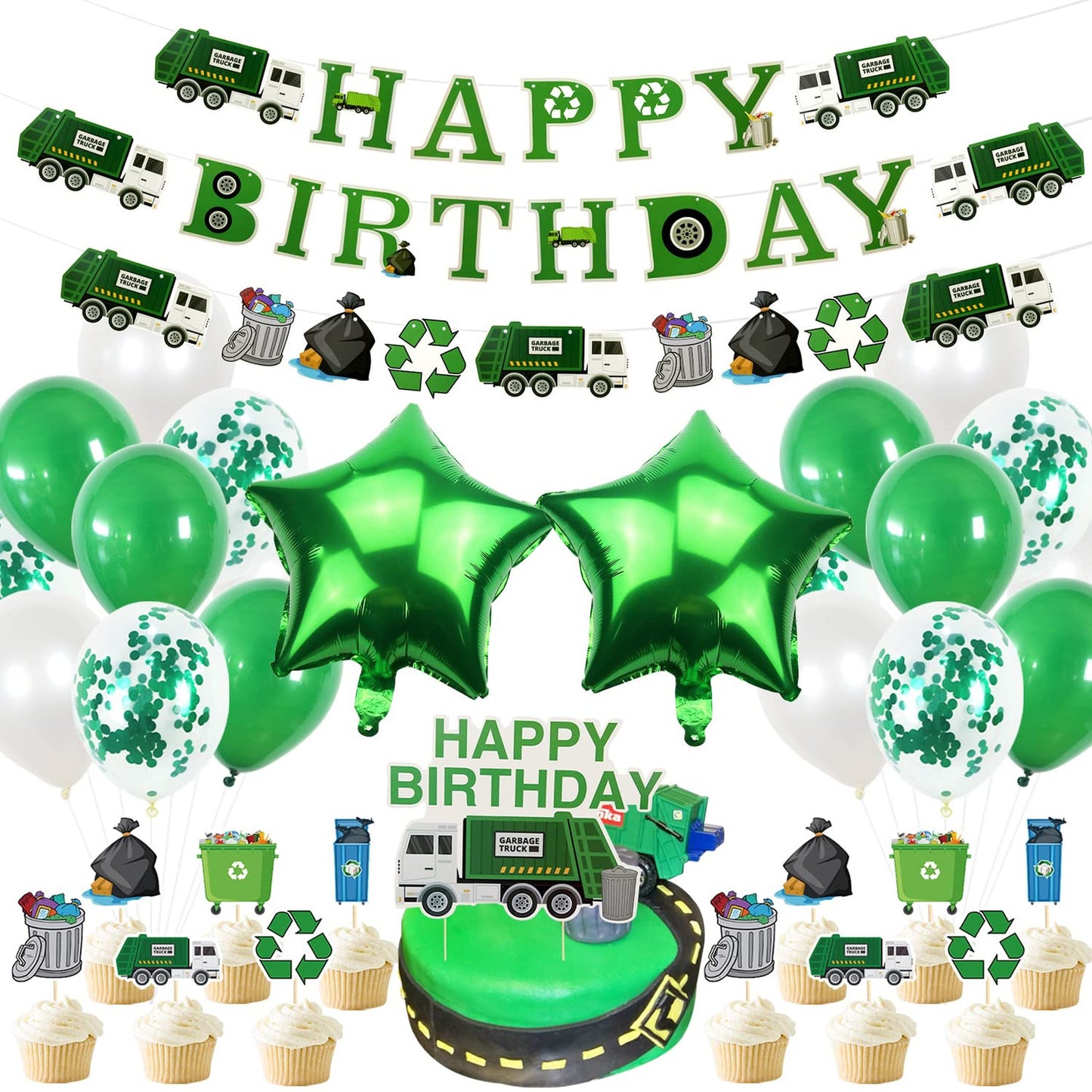 Trash Bash Birthday Party Pack - Includes Happy Birthday Banner, Latex Balloons, Cupcake Toppers, Perfect for Kids Waste Management Recycling Theme Decorations