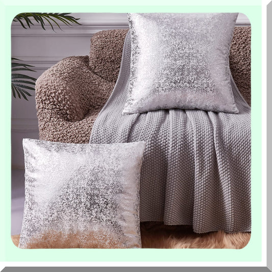 Silver Velvet Bliss Pillow Covers - Set of 2 White 18x18 Decorative Square Throw Pillows for Home Decor. Ideal for Bedroom, Living Room, Couch, Bed, and Sofa. Luxurious White and Silver Design.