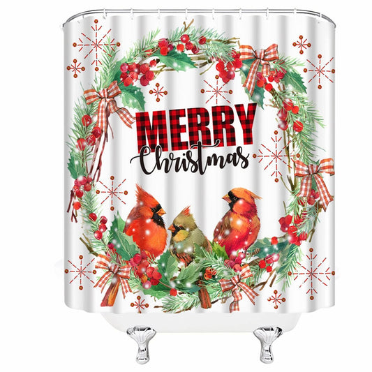Shower Curtain Wreath Red Bird Snowflake 70x70