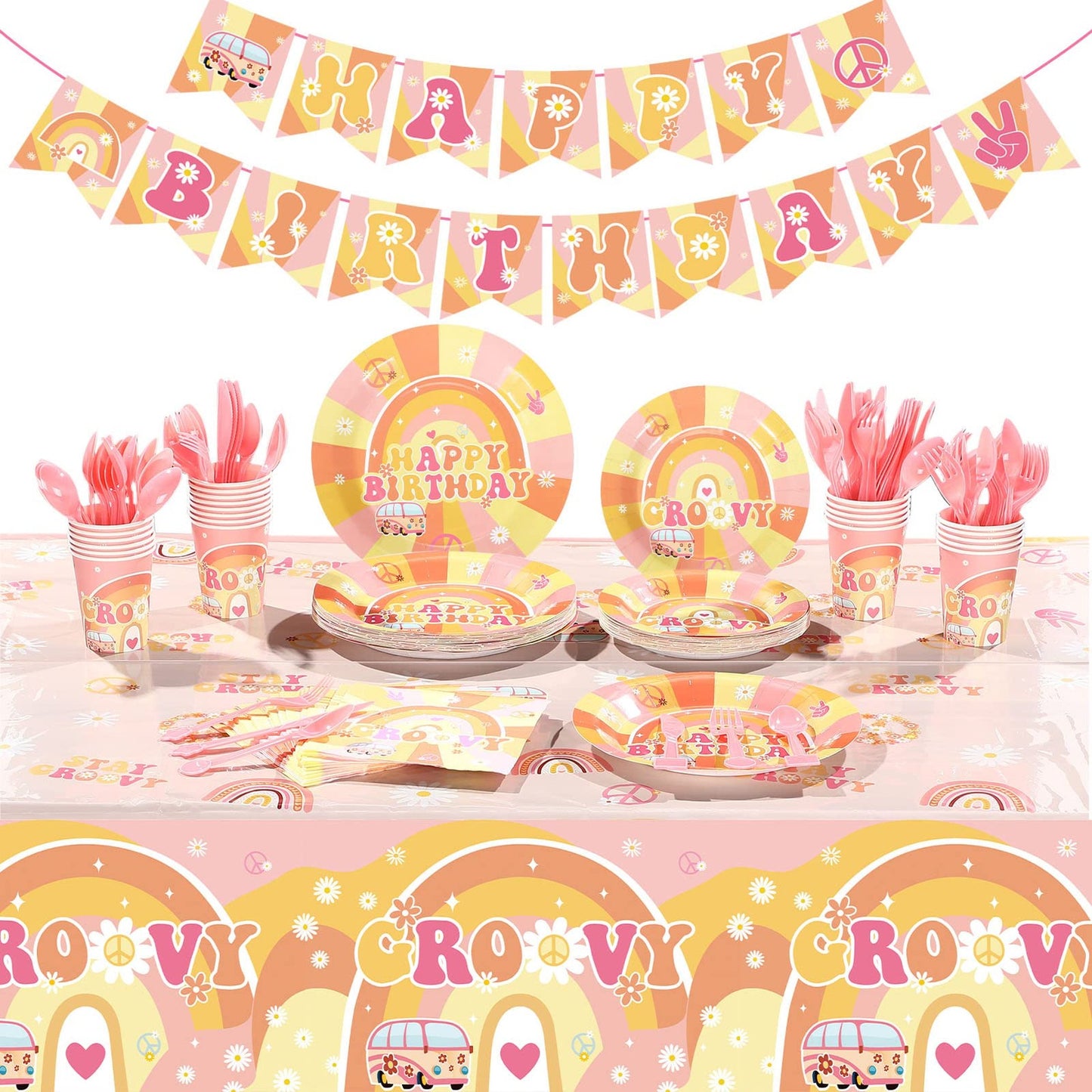 Boho Daisy Rainbow Party Pack - 189 Piece Groovy Tableware Set for 24 Guests - Hippie Retro Decorations and Supplies for Birthday Celebration