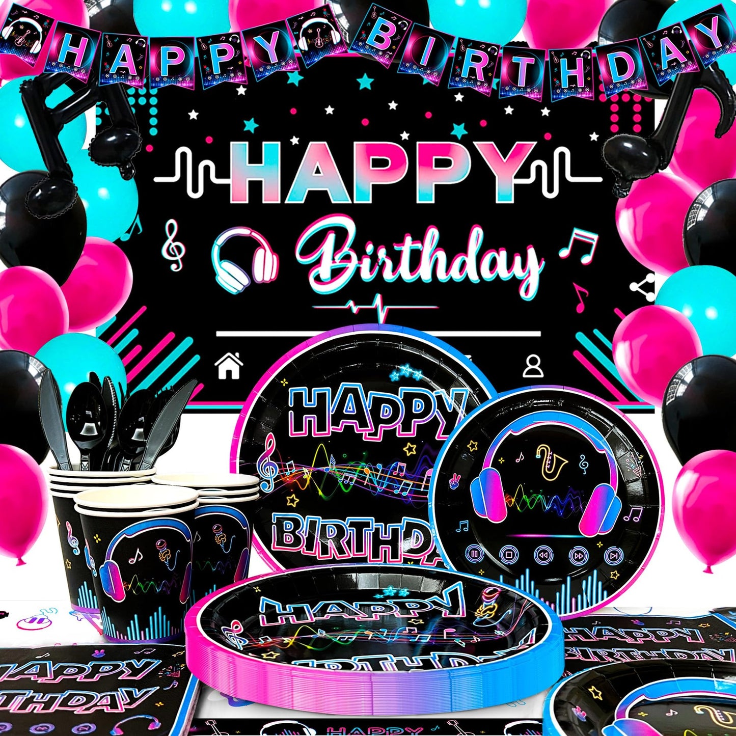 Musical Harmony Party Pack - Complete Music Birthday Decorations Set with Plates, Cups, Napkins, Tablecloth, Balloons, and Backdrop - 155pcs
