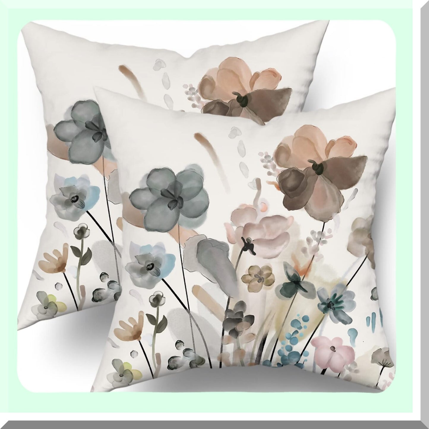 Watercolor Floral Rustic Pillow Covers - Set of 2, 16x16 Inches - Tan Gray Beige Flowers Decor - Modern Abstract Decorative Cases for Living Room Sofa