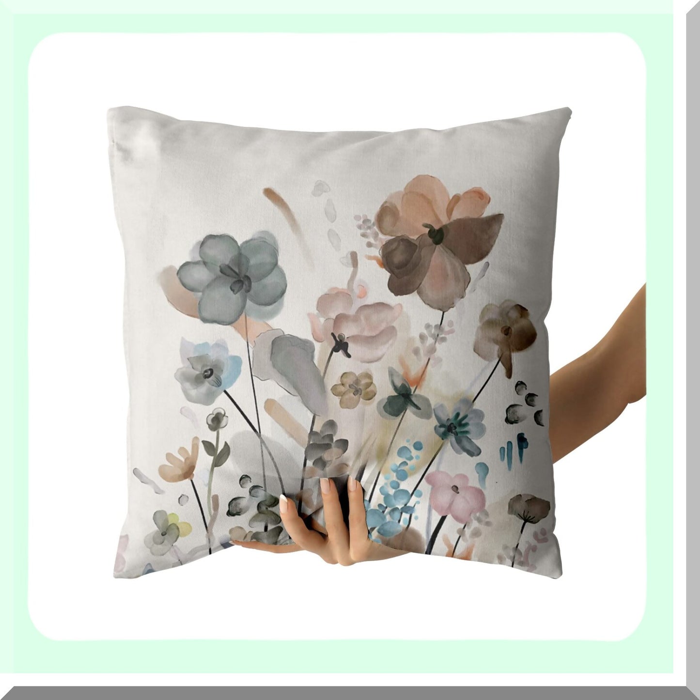 Watercolor Floral Rustic Pillow Covers - Set of 2, 16x16 Inches - Tan Gray Beige Flowers Decor - Modern Abstract Decorative Cases for Living Room Sofa