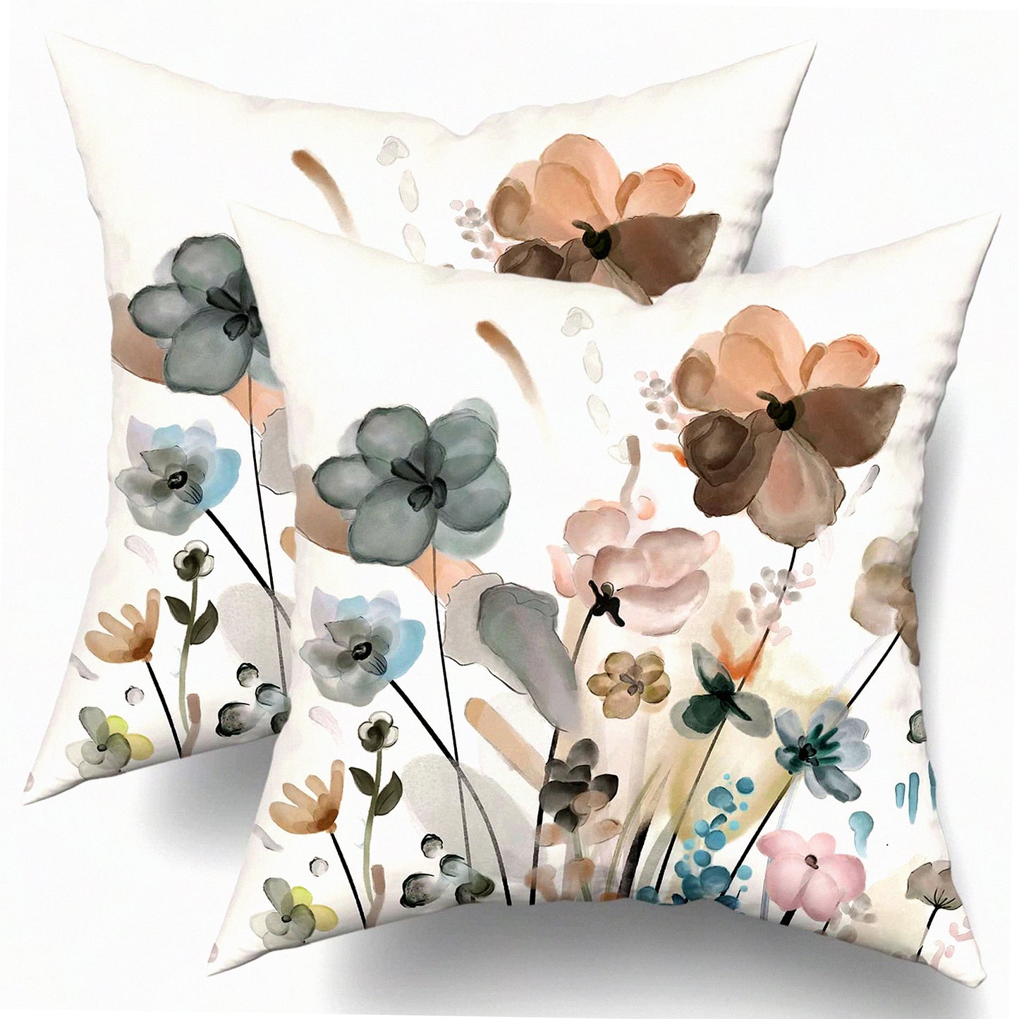 Watercolor Floral Rustic Pillow Covers - Set of 2, 16x16 Inches - Tan Gray Beige Flowers Decor - Modern Abstract Decorative Cases for Living Room Sofa