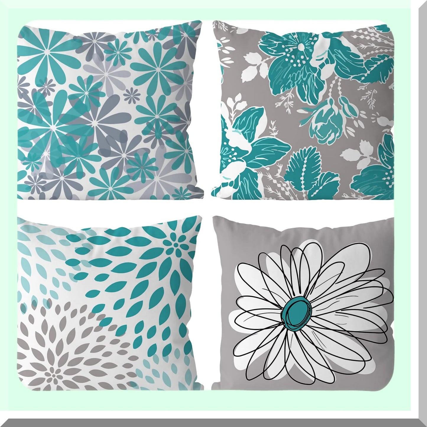 Daisy Teal Pillow Covers Set - Modern Decorative Throw Pillow Case 18x18 for Couch, Living Room, Bed - Pack of 4 Outdoor Home Decor Cushion