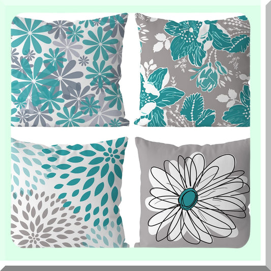 Daisy Teal Pillow Covers Set - Modern Decorative Throw Pillow Case 18x18 for Couch, Living Room, Bed - Pack of 4 Outdoor Home Decor Cushion