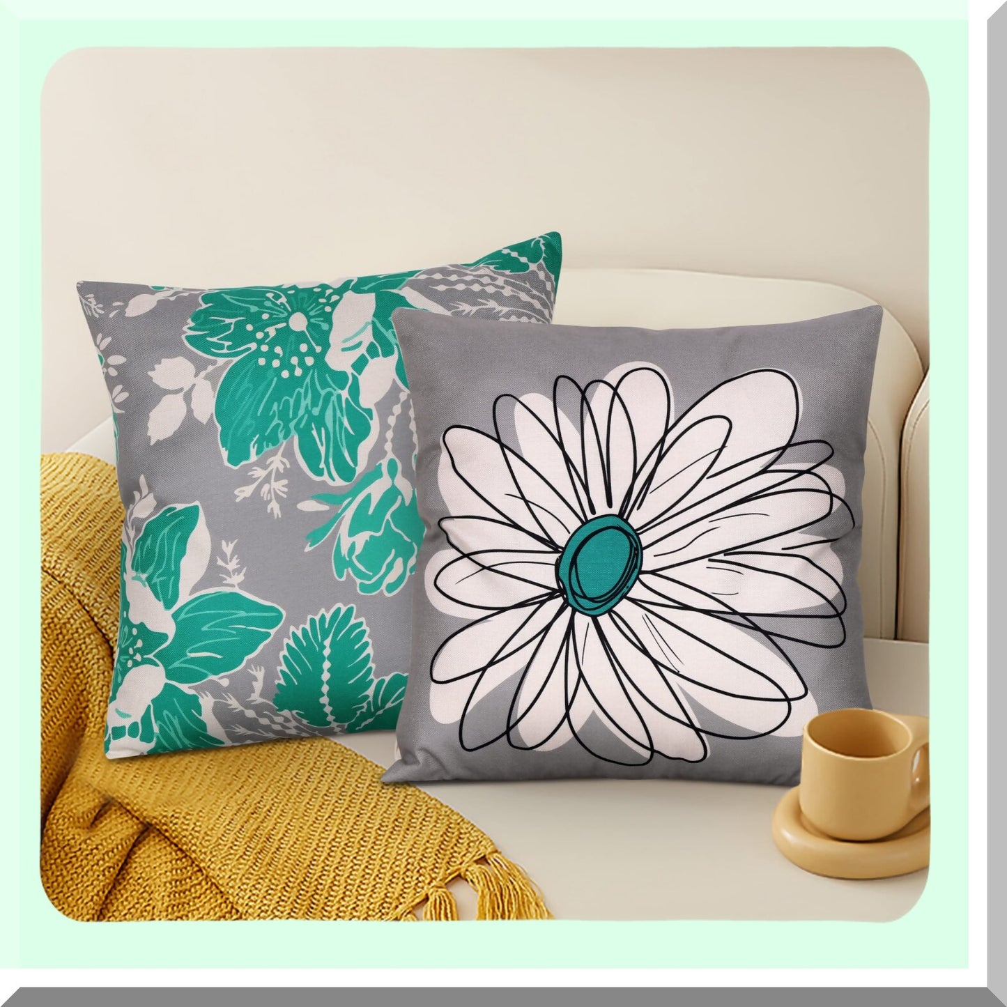 Daisy Teal Pillow Covers Set - Modern Decorative Throw Pillow Case 18x18 for Couch, Living Room, Bed - Pack of 4 Outdoor Home Decor Cushion