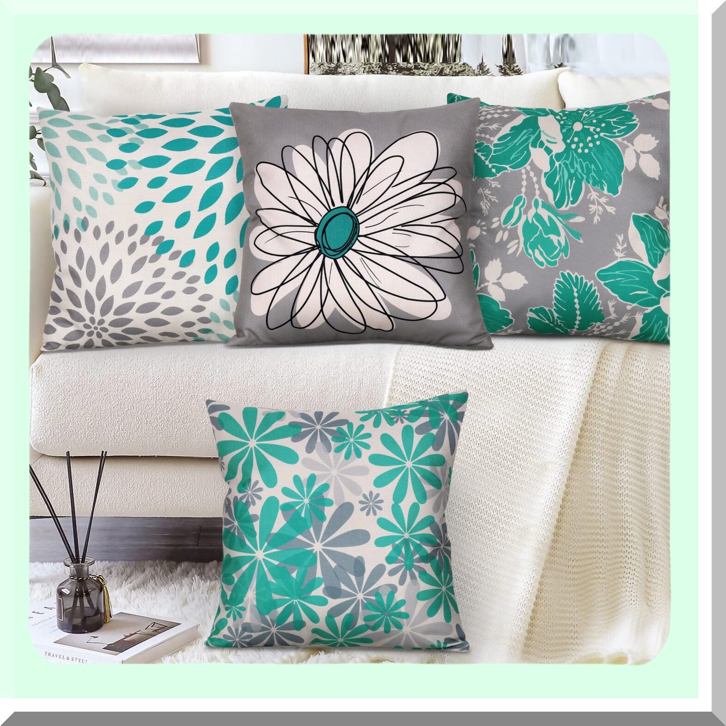 Daisy Teal Pillow Covers Set - Modern Decorative Throw Pillow Case 18x18 for Couch, Living Room, Bed - Pack of 4 Outdoor Home Decor Cushion
