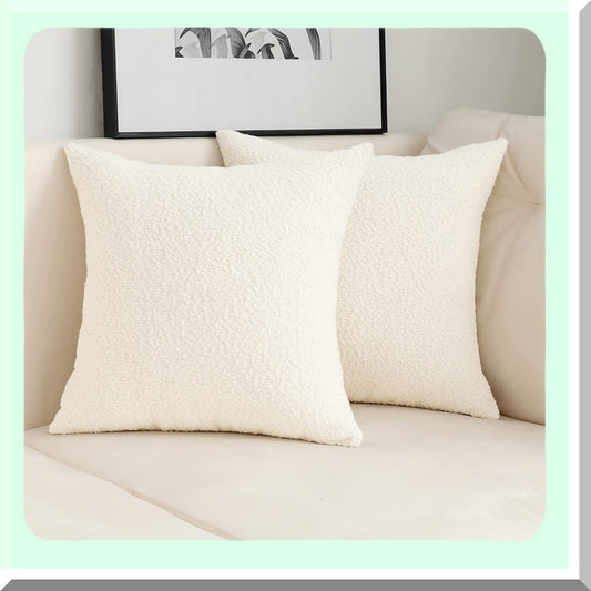 Luxury Ivory Boucle Square Throw Pillow Covers - Set of 2, 18x18 Inch - Thick Textured Cushion Cases for Couch & Home Decor
