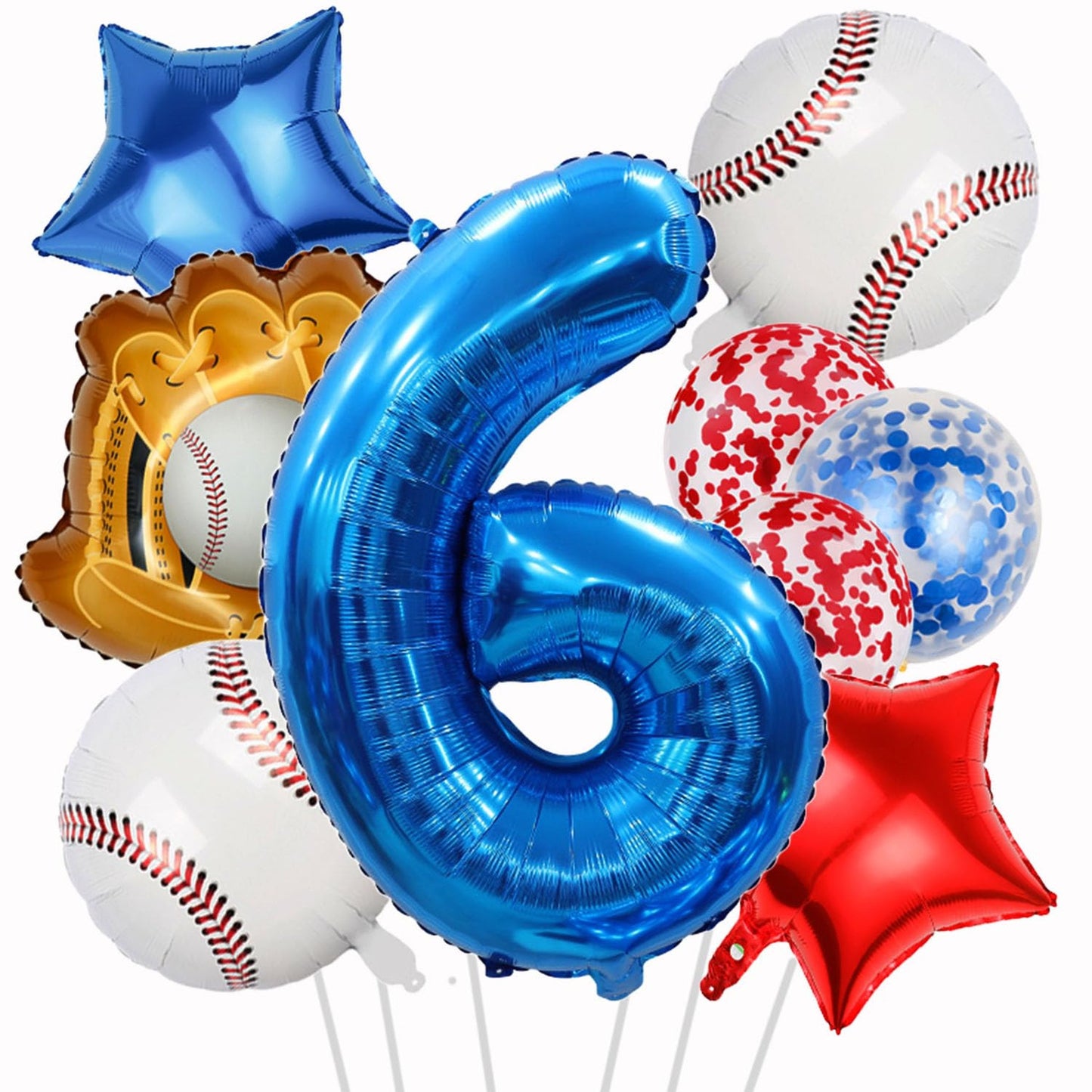 Baseball Bash Balloon Set - Includes Number 6 Balloon, Glove Balloon, Star Confetti Balloons, Perfect for Boy's Birthday Party Decorations and Baby Shower Themes