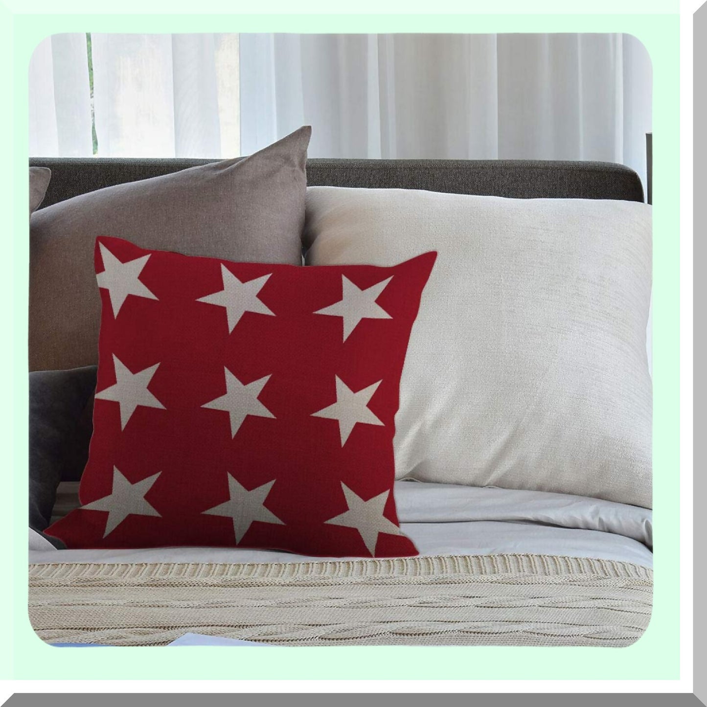 USA Starburst Decorative Pillow Cover - Red White Abstract Design - Burlap Sofa Bedroom Living Room - 18x18 Inch - Girls Boys Women
