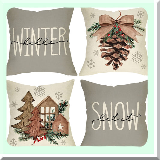 Winter Wonderland Pillow Cover Set - Pine Cone & Snowflake Decorative Cushion Case Collection for Sofa Couch - Let It Snow Tree & Berry Design - 20 x 20 - Pack of 4