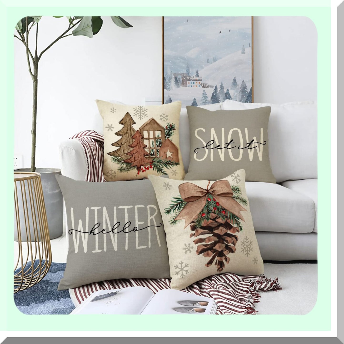 Winter Wonderland Pillow Cover Set - Pine Cone & Snowflake Decorative Cushion Case Collection for Sofa Couch - Let It Snow Tree & Berry Design - 20 x 20 - Pack of 4