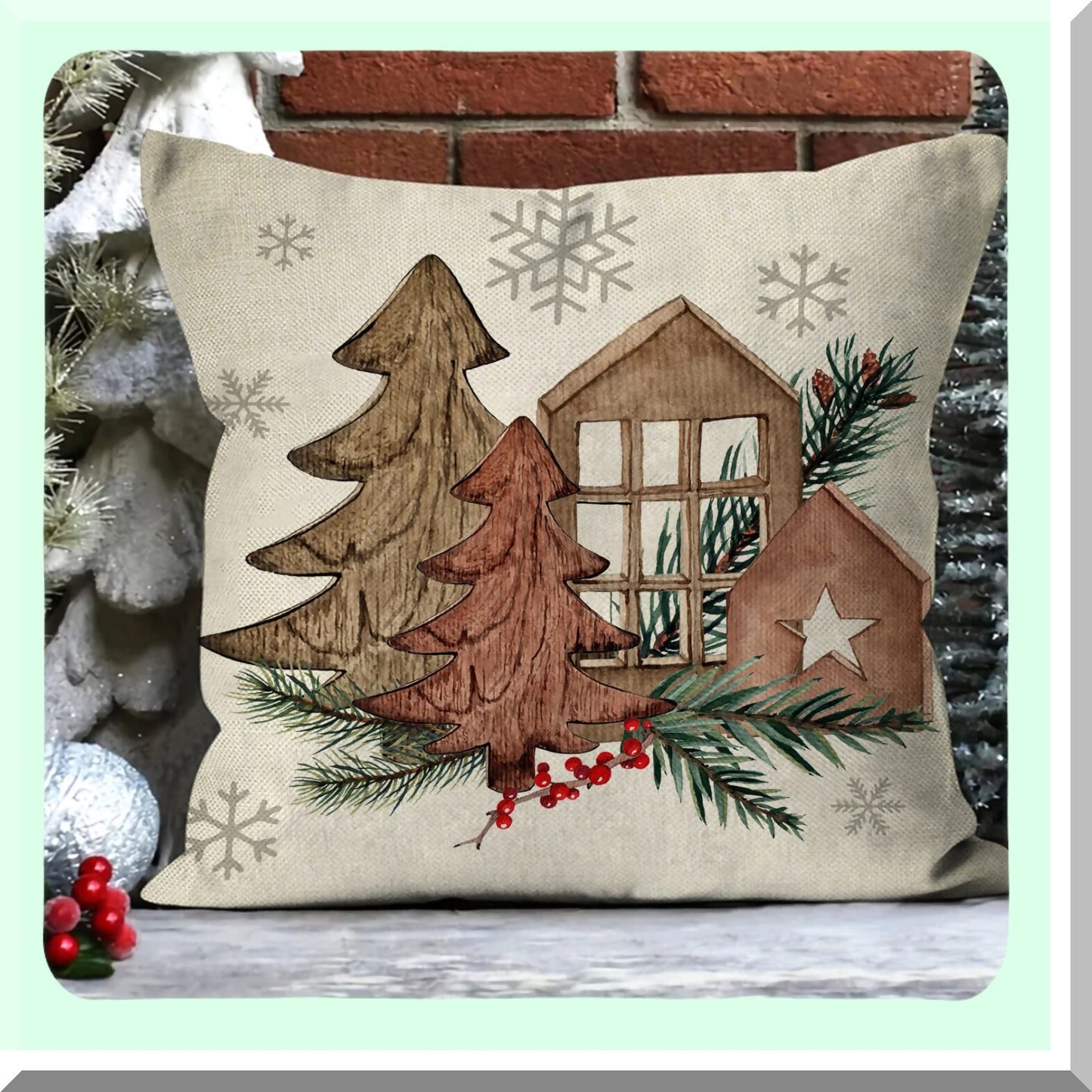 Winter Wonderland Pillow Cover Set - Pine Cone & Snowflake Decorative Cushion Case Collection for Sofa Couch - Let It Snow Tree & Berry Design - 20 x 20 - Pack of 4