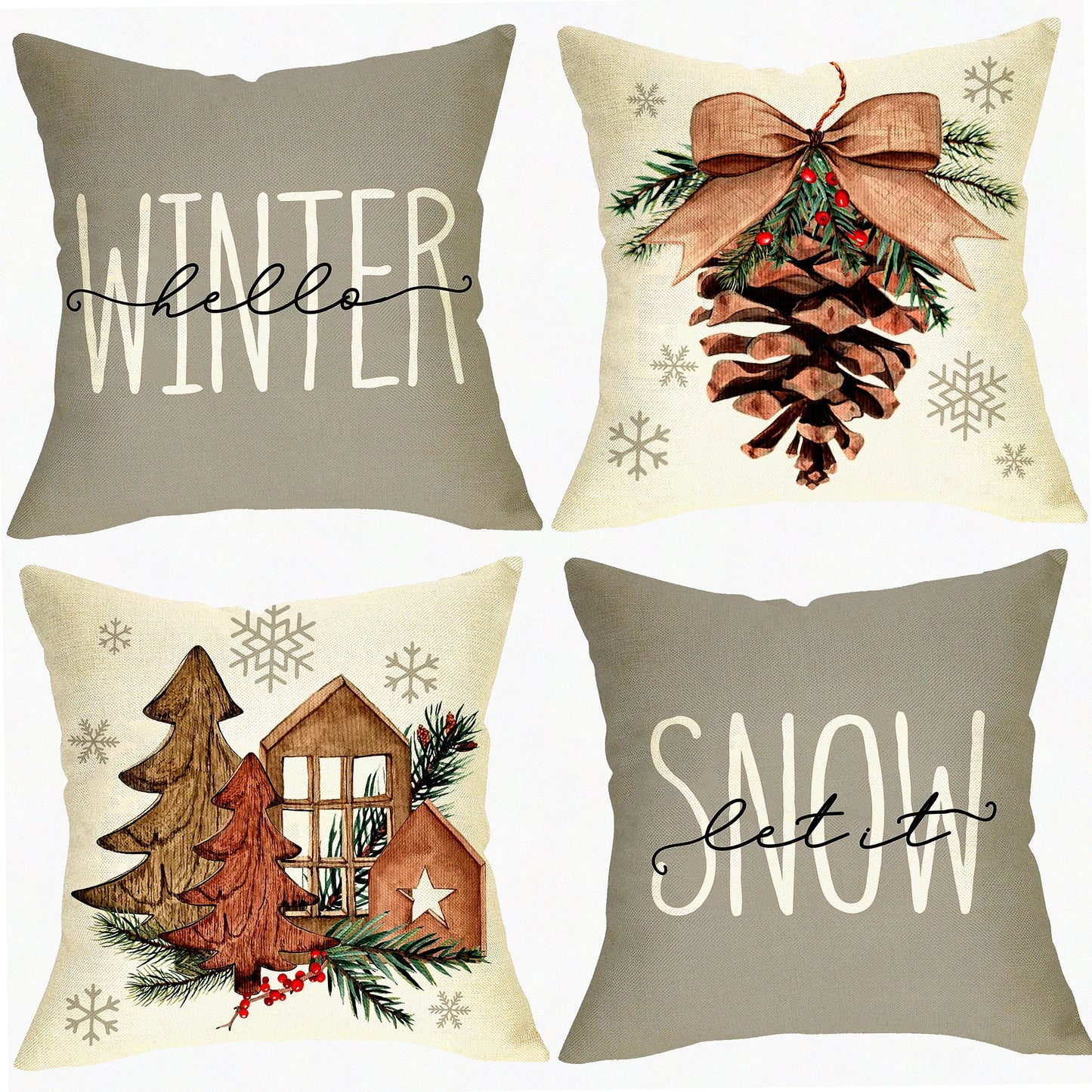 Winter Wonderland Pillow Cover Set - Pine Cone & Snowflake Decorative Cushion Case Collection for Sofa Couch - Let It Snow Tree & Berry Design - 20 x 20 - Pack of 4