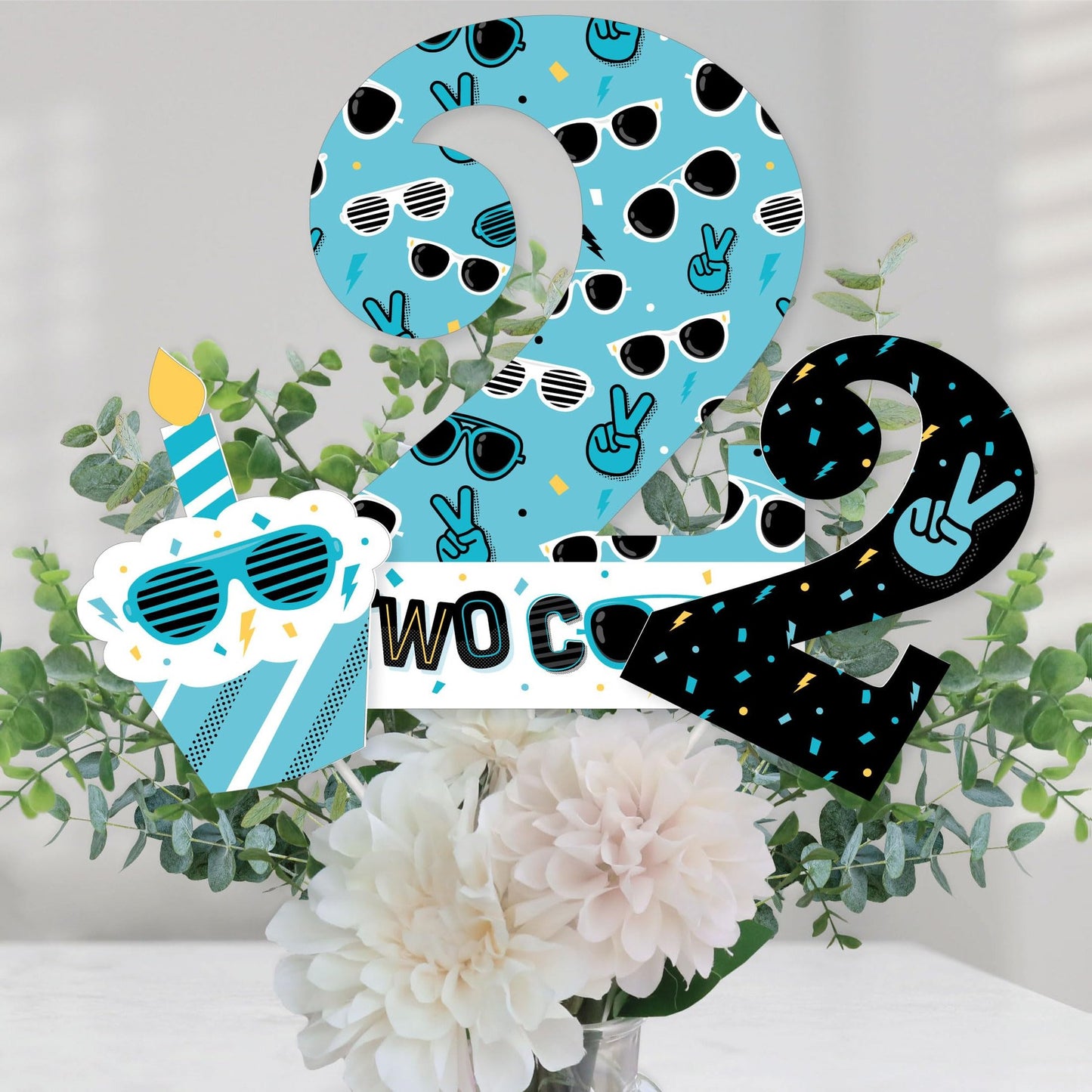 Blue 2nd Birthday Party Centerpiece Sticks and Table Toppers Set