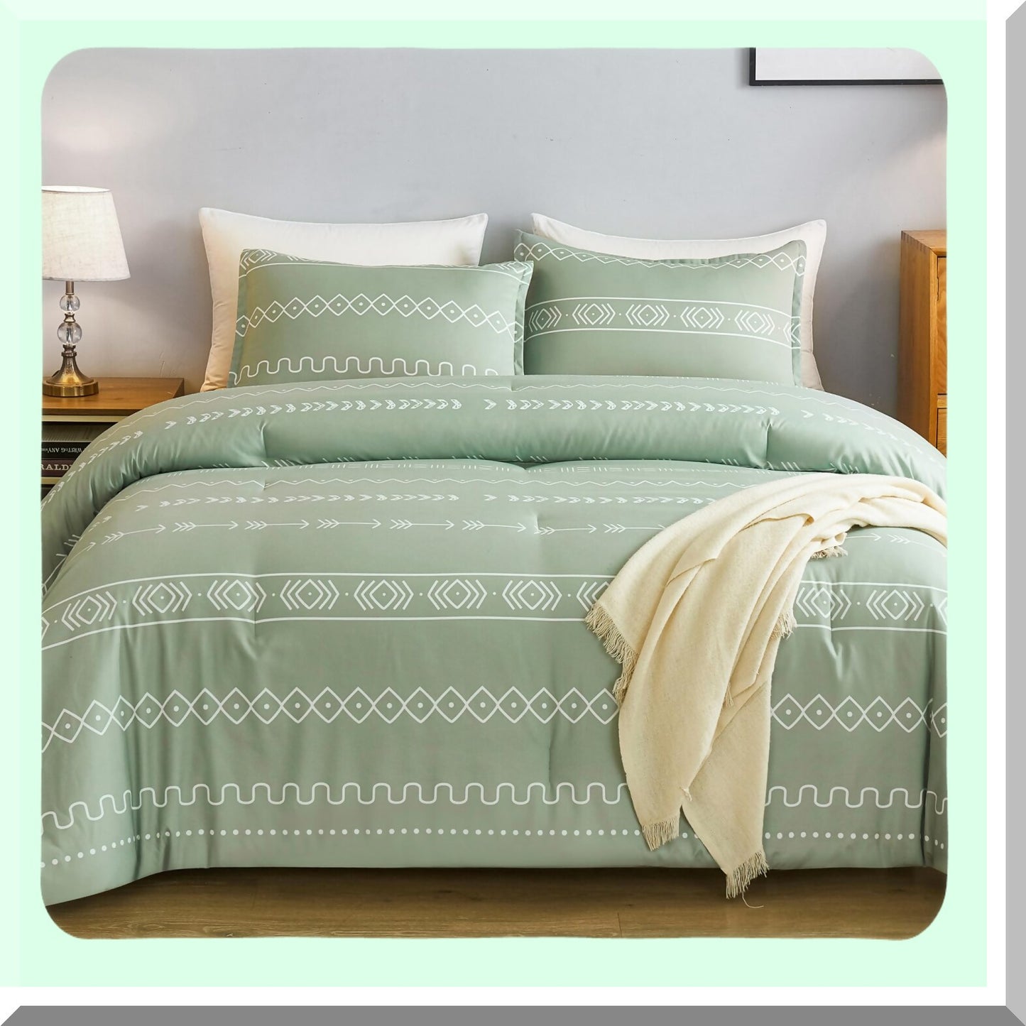 Sage Green Geometric Comforter Set - Bohemian Summer Bedding Collection with Lightweight Microfiber Down Alternative - 3 Piece Size Comforter Set