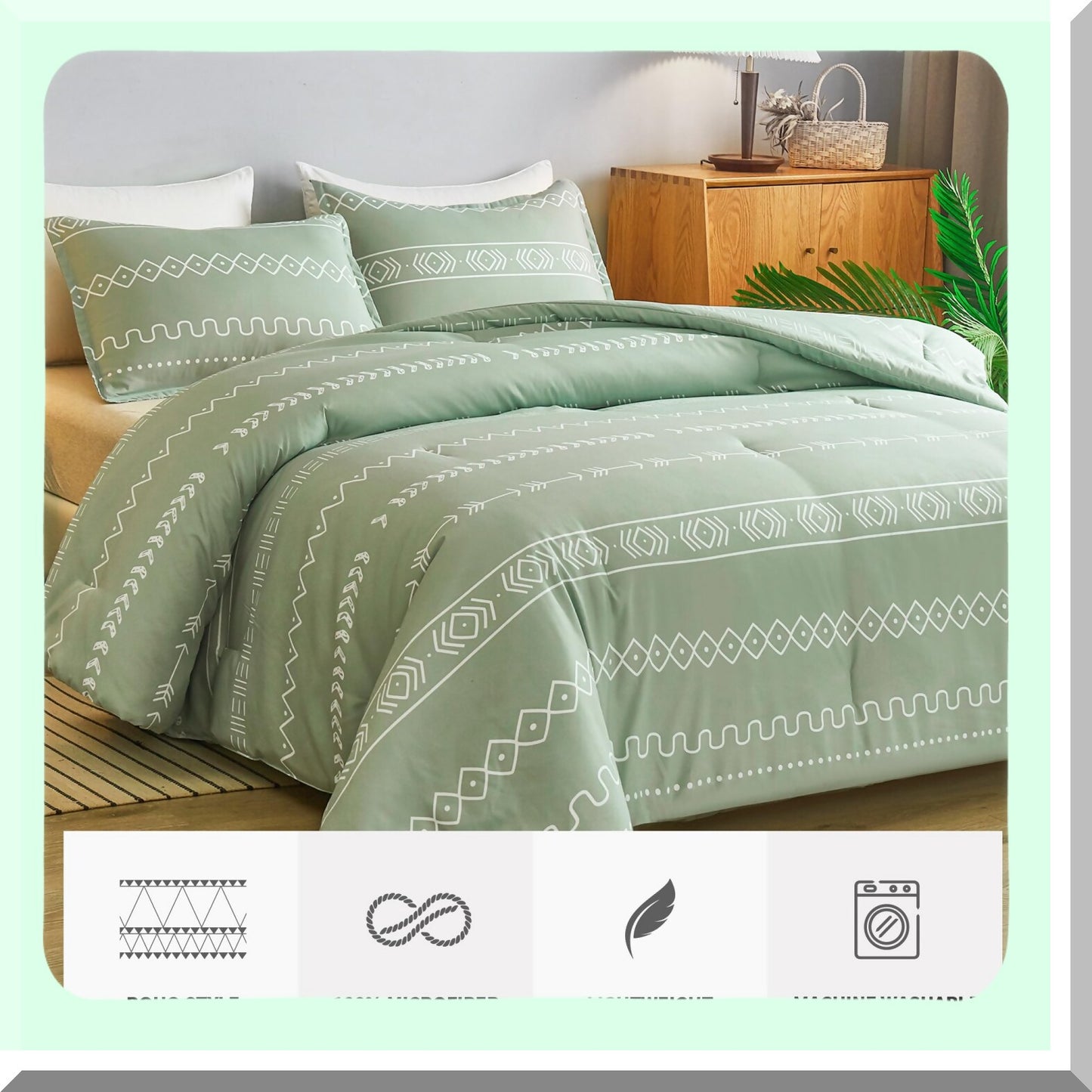 Sage Green Geometric Comforter Set - Bohemian Summer Bedding Collection with Lightweight Microfiber Down Alternative - 3 Piece Size Comforter Set