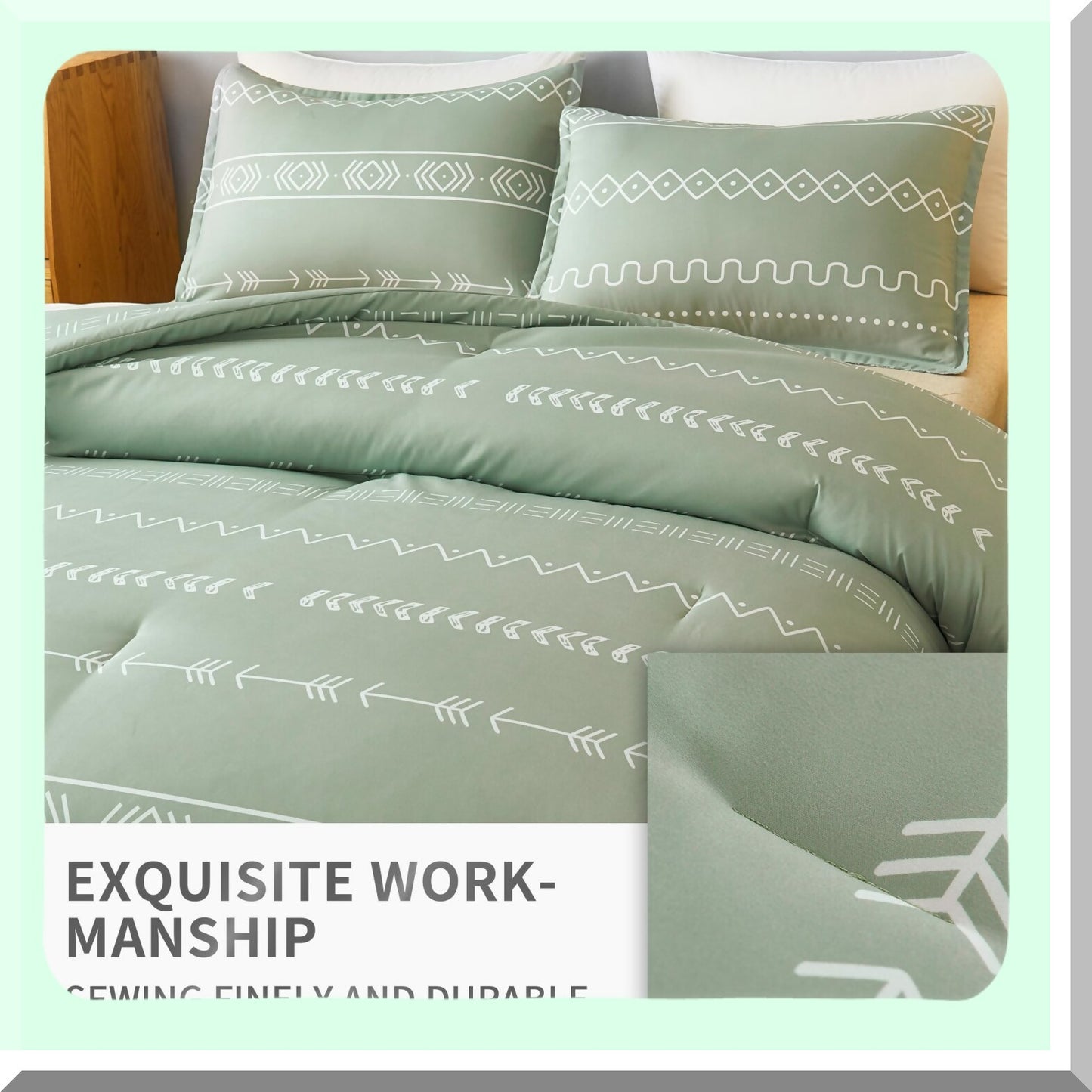 Sage Green Geometric Comforter Set - Bohemian Summer Bedding Collection with Lightweight Microfiber Down Alternative - 3 Piece Size Comforter Set