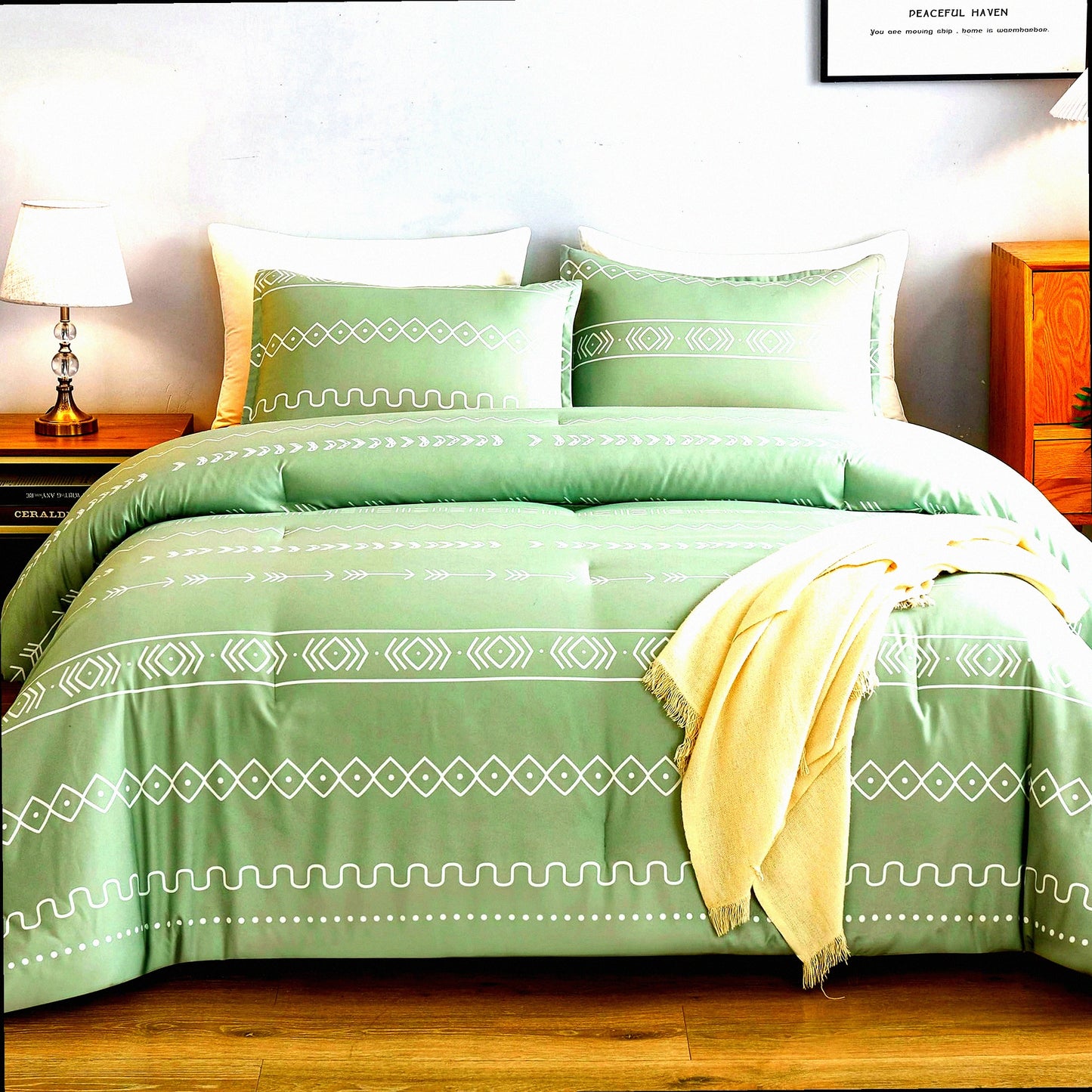 Sage Green Geometric Comforter Set - Bohemian Summer Bedding Collection with Lightweight Microfiber Down Alternative - 3 Piece Size Comforter Set