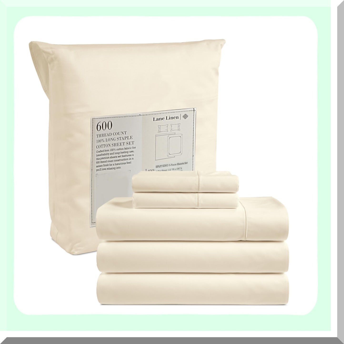 Luxury Split Bed Cotton Sheet Set - 5 Piece 600 TC Bedding with Deep Pockets & Pillowcases - Ultra Soft Ivory Hotel Sheets for Adjustable Beds