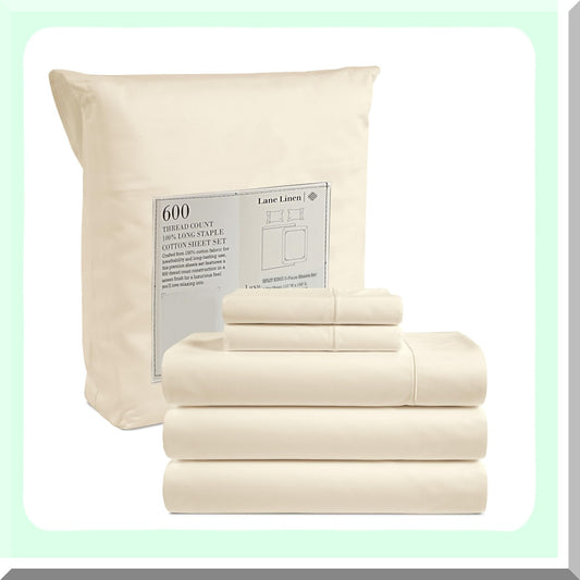 Luxury Split Bed Cotton Sheet Set - 5 Piece 600 TC Bedding with Deep Pockets & Pillowcases - Ultra Soft Ivory Hotel Sheets for Adjustable Beds