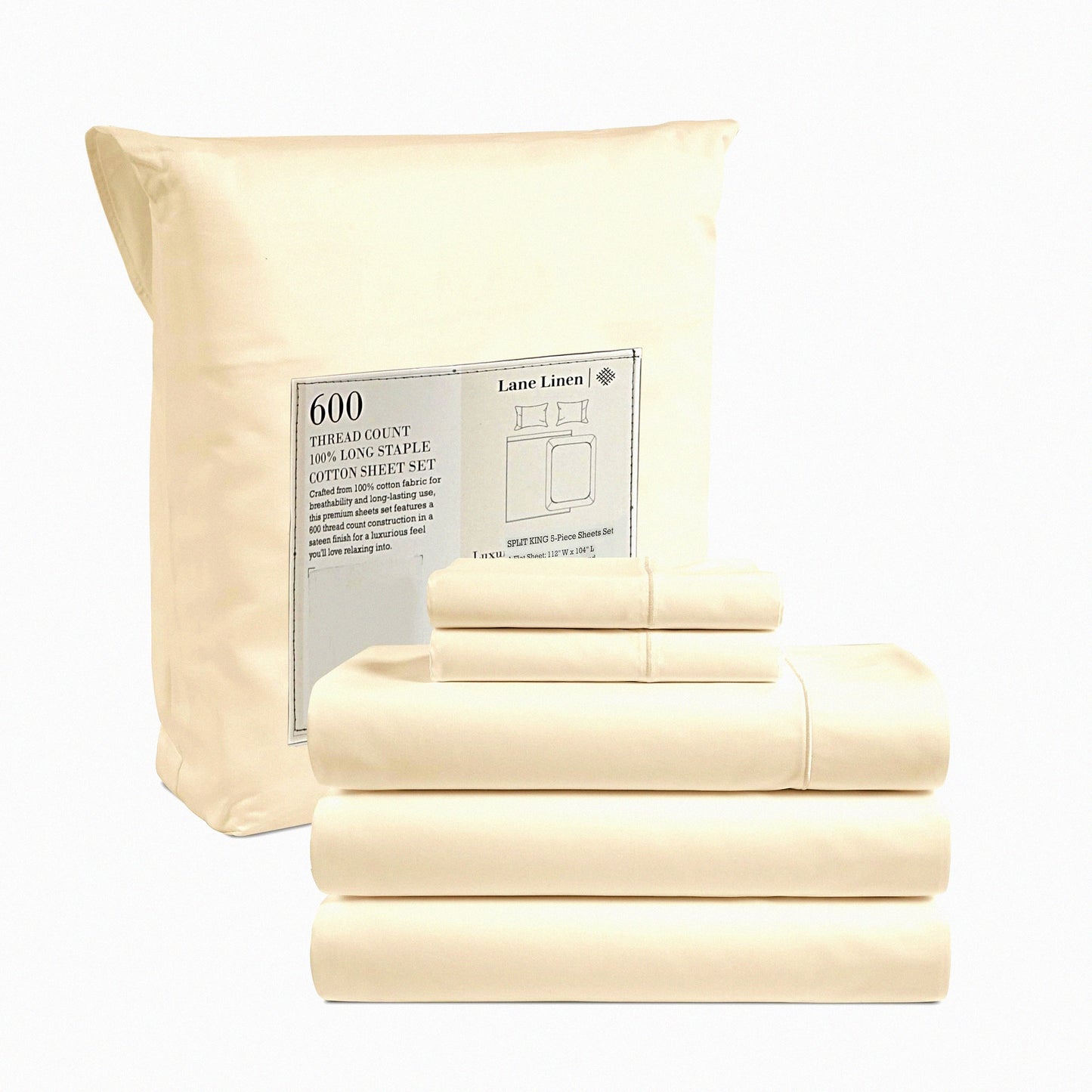 Luxury Split Bed Cotton Sheet Set - 5 Piece 600 TC Bedding with Deep Pockets & Pillowcases - Ultra Soft Ivory Hotel Sheets for Adjustable Beds