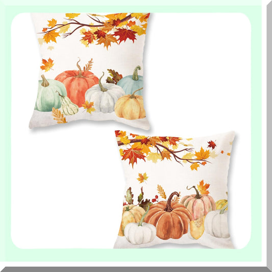 Autumn Harvest Pillow Covers - Set of 2 Farmhouse Fall Decor Lumbar Cushion Cases for Couch - Thanksgiving Home Decorations 18x18 Inch