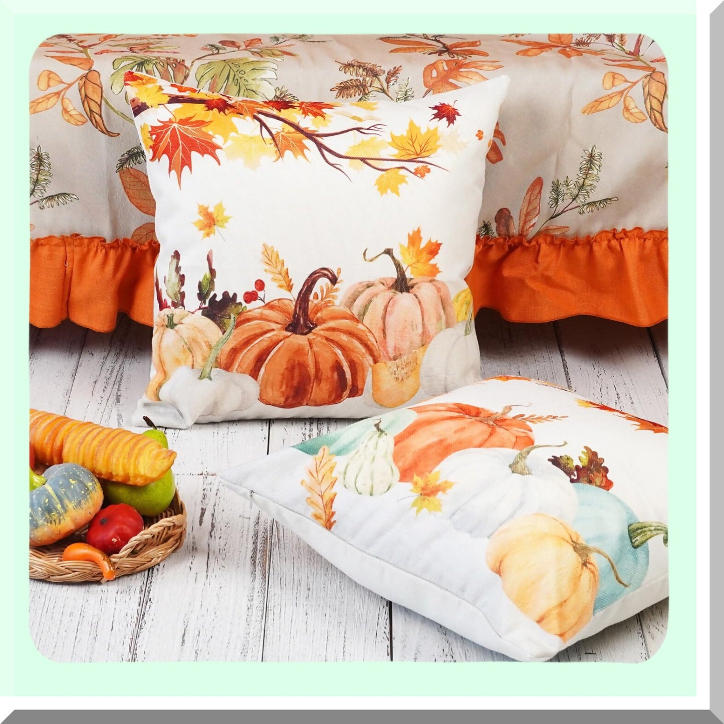 Autumn Harvest Pillow Covers - Set of 2 Farmhouse Fall Decor Lumbar Cushion Cases for Couch - Thanksgiving Home Decorations 18x18 Inch