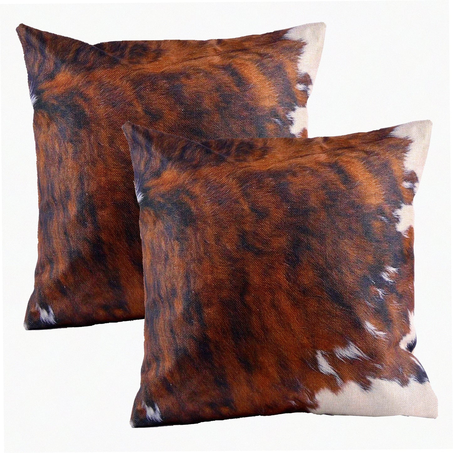 Luxury Cowhide Print Pillowcase Set - Tri Color Brown Cow Print Throw Pillow Cover - Decorative Cotton Linen Cushion Case for Sofa & Bedroom Home Decor - 18 x 18 Inch Set of 2