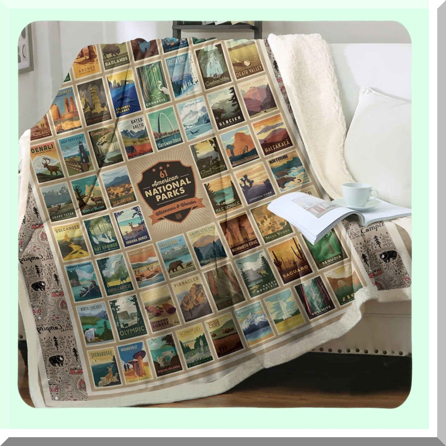 Vintage National Parks Sherpa Blanket - Fluffy Microfiber Fleece Throw, Lightweight Twin 60"x80" for Bed or Couch"