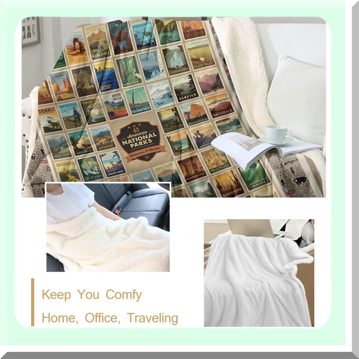 Vintage National Parks Sherpa Blanket - Fluffy Microfiber Fleece Throw, Lightweight Twin 60"x80" for Bed or Couch"