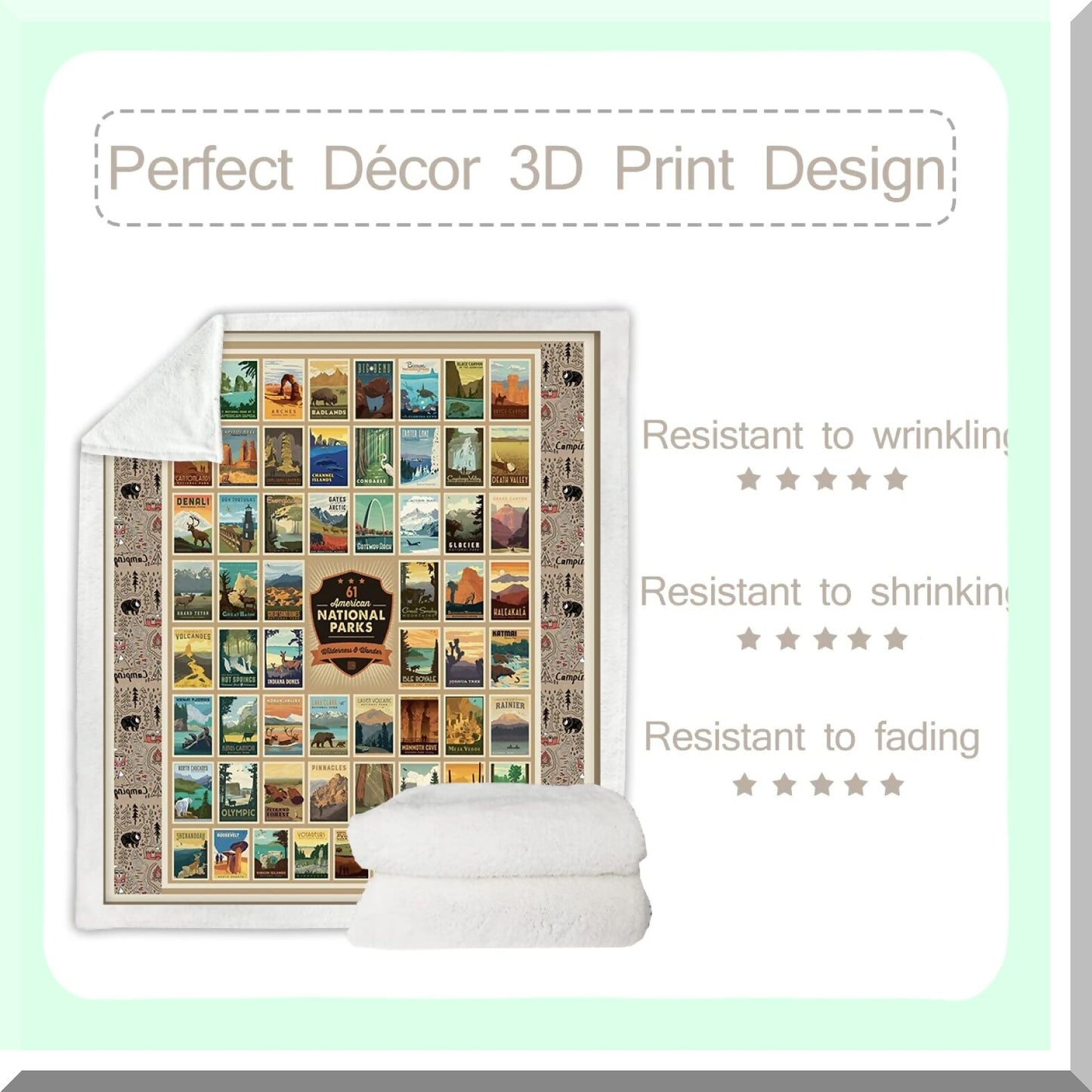 Vintage National Parks Sherpa Blanket - Fluffy Microfiber Fleece Throw, Lightweight Twin 60"x80" for Bed or Couch"