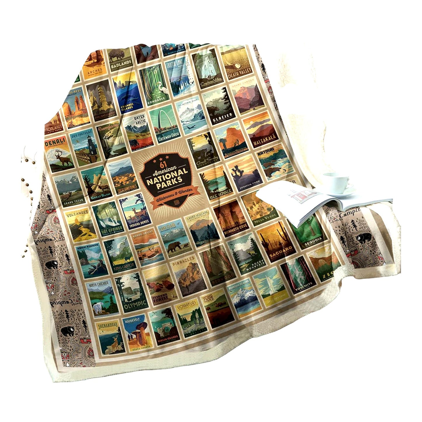 Vintage National Parks Sherpa Blanket - Fluffy Microfiber Fleece Throw, Lightweight Twin 60"x80" for Bed or Couch"