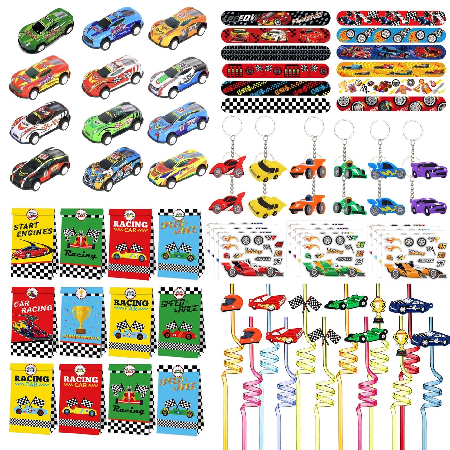Speedy Wheels Party Pack - Race Car Keychains, Slap Bracelets, DIY Stickers, Straws, & Bags for Kids. Perfect for Race Car Themed Birthdays!