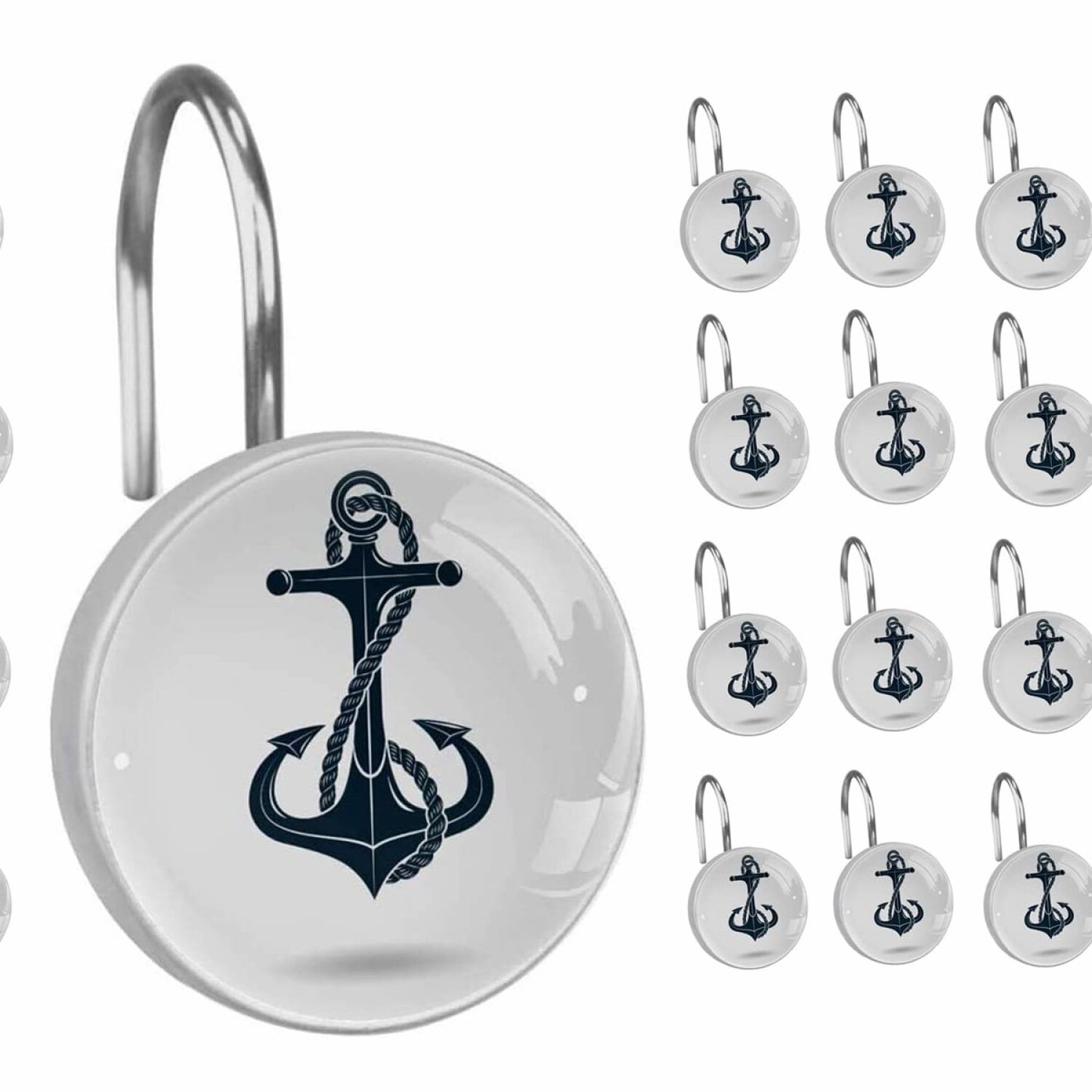 Navy Blue Anchor Shower Curtain Hooks 12PCS