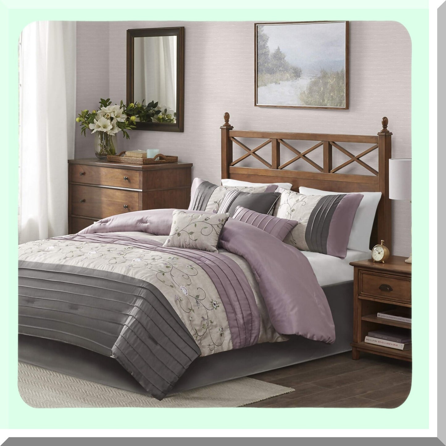 Floral Bliss Comforter Set - Queen Size 7 Piece Bedding Set with Embroidered Flowers, Matching Bed Skirt, Decorative Pillows - All Season Purple Silk Bed Set