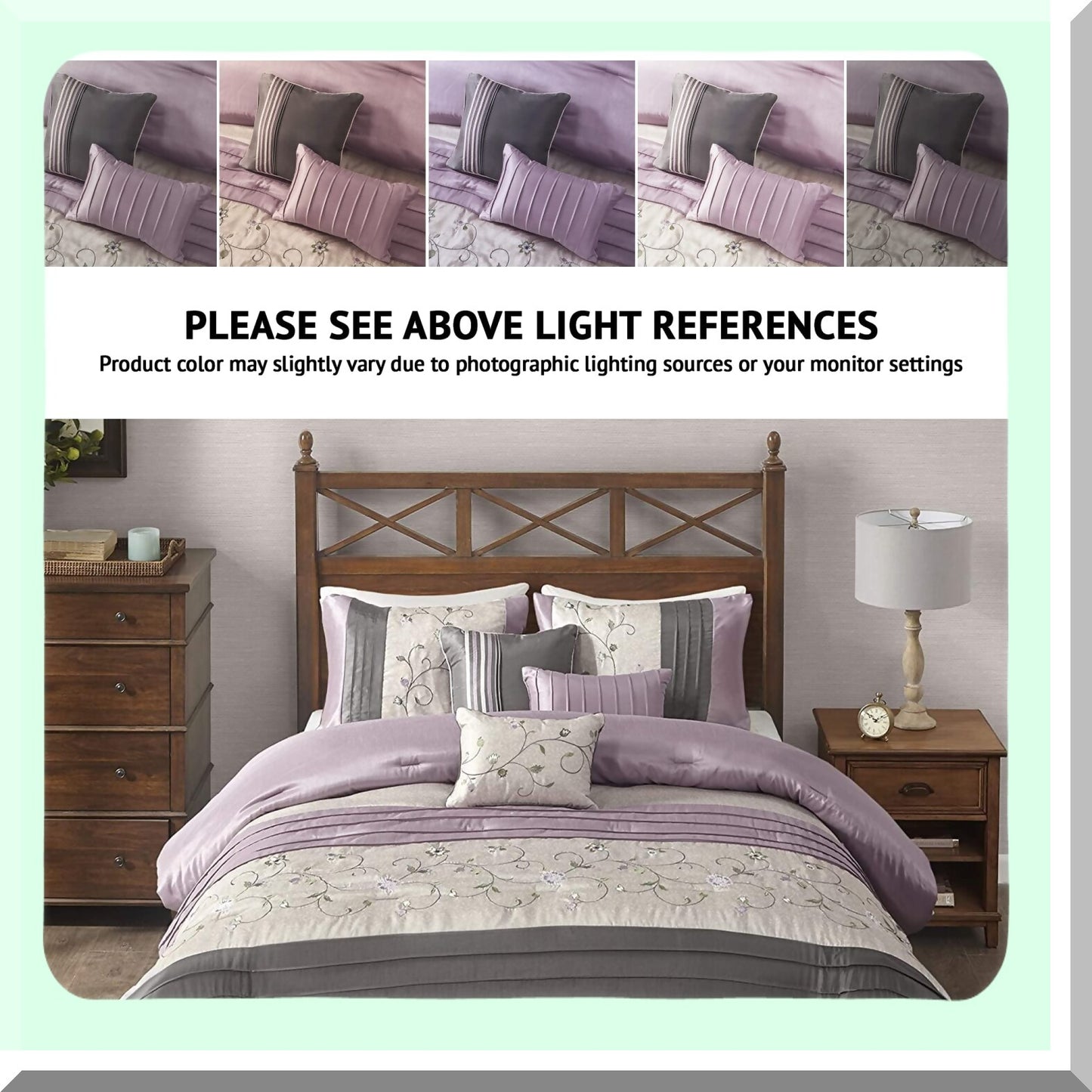 Floral Bliss Comforter Set - Queen Size 7 Piece Bedding Set with Embroidered Flowers, Matching Bed Skirt, Decorative Pillows - All Season Purple Silk Bed Set