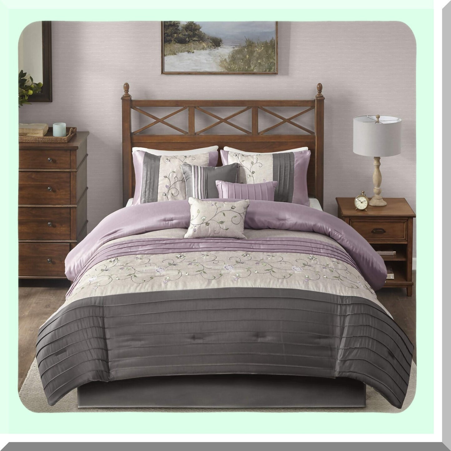 Floral Bliss Comforter Set - Queen Size 7 Piece Bedding Set with Embroidered Flowers, Matching Bed Skirt, Decorative Pillows - All Season Purple Silk Bed Set