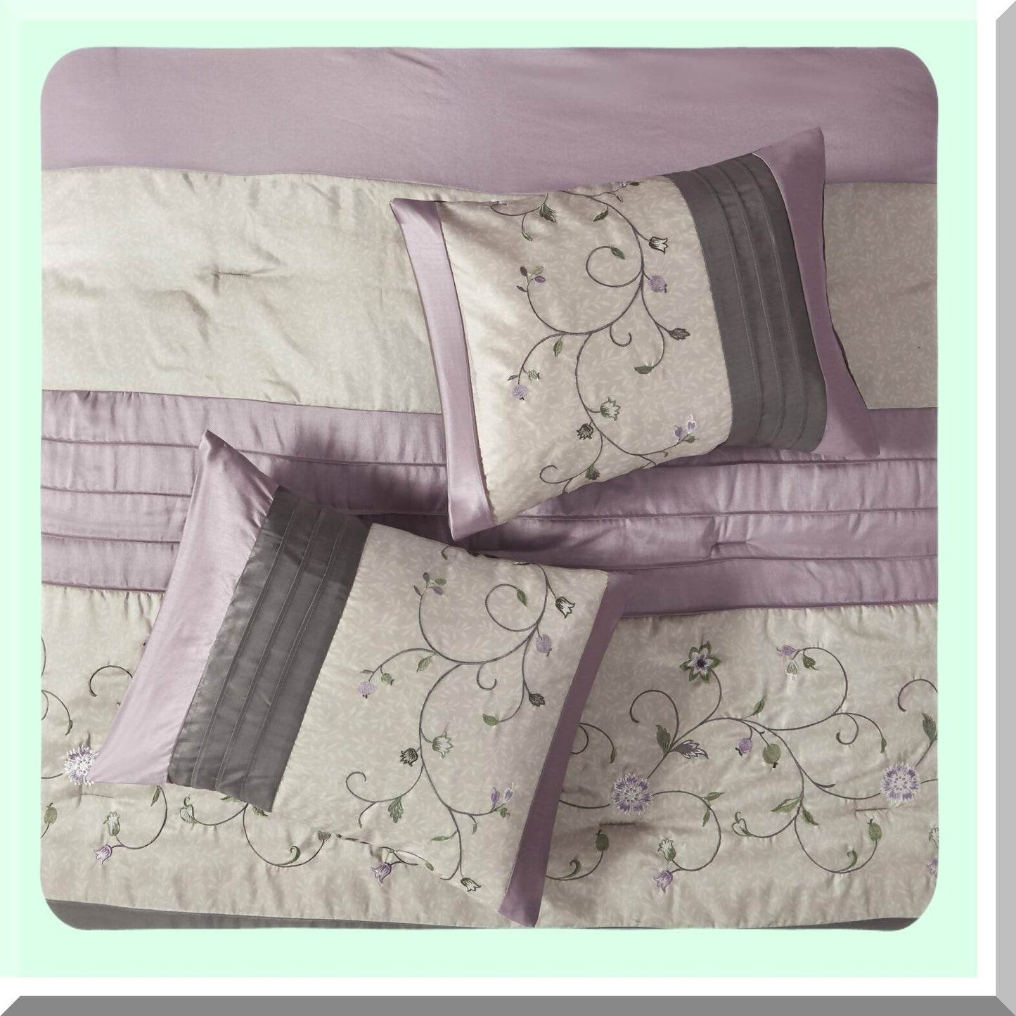 Floral Bliss Comforter Set - Queen Size 7 Piece Bedding Set with Embroidered Flowers, Matching Bed Skirt, Decorative Pillows - All Season Purple Silk Bed Set