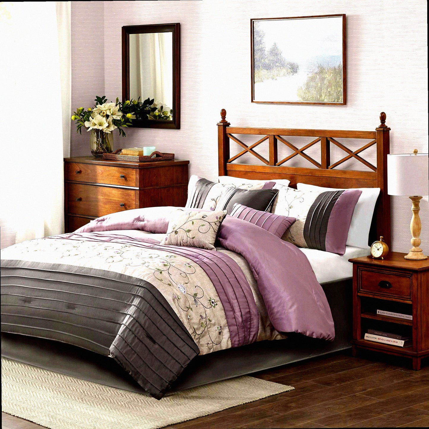 Floral Bliss Comforter Set - Queen Size 7 Piece Bedding Set with Embroidered Flowers, Matching Bed Skirt, Decorative Pillows - All Season Purple Silk Bed Set