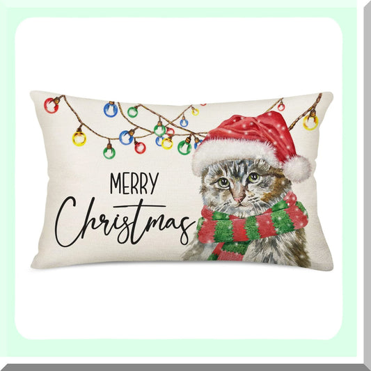 Merry Animals Cat Throw Pillow - Adorable Kitten Xmas Light Cushion Cover - 12X20 Inch Cotton Linen Sofa Couch Pillowcase - Cute Hat Scarf Design for Bed