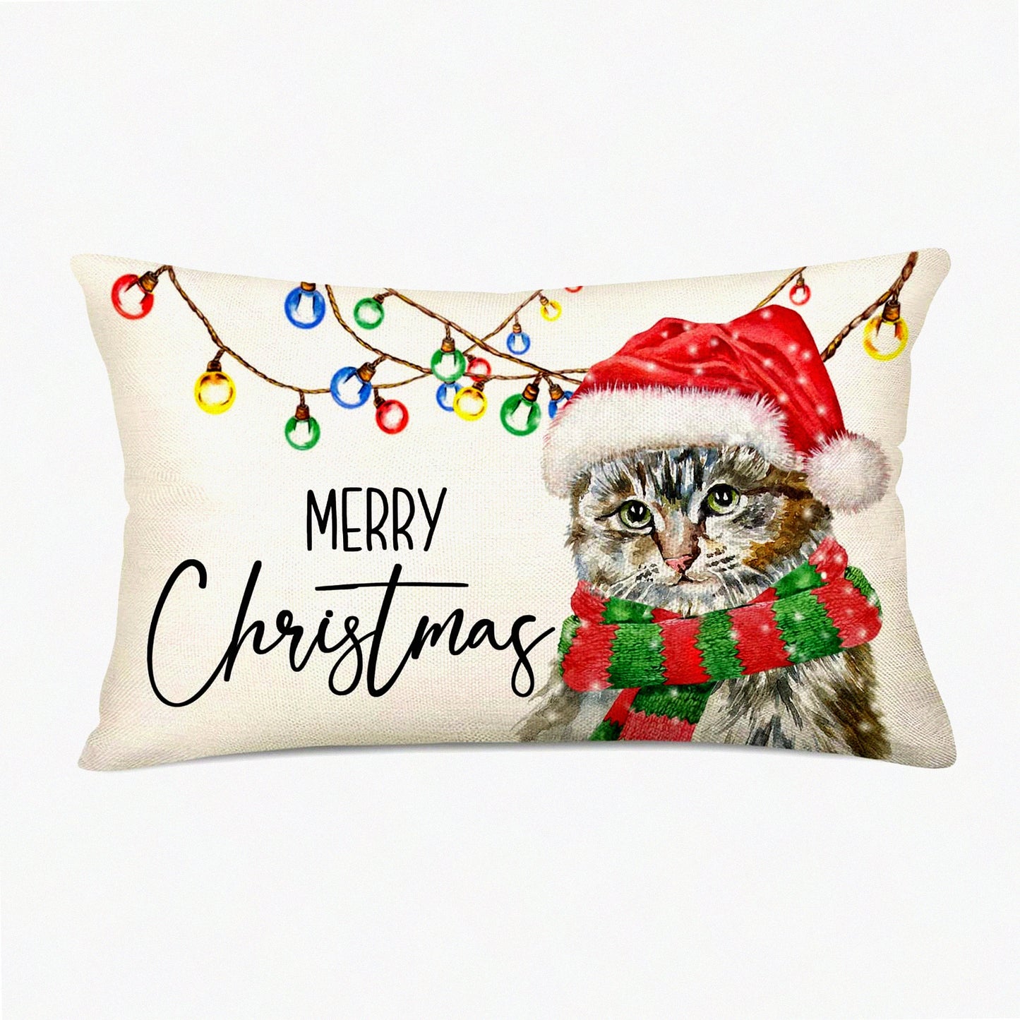 Merry Animals Cat Throw Pillow - Adorable Kitten Xmas Light Cushion Cover - 12X20 Inch Cotton Linen Sofa Couch Pillowcase - Cute Hat Scarf Design for Bed