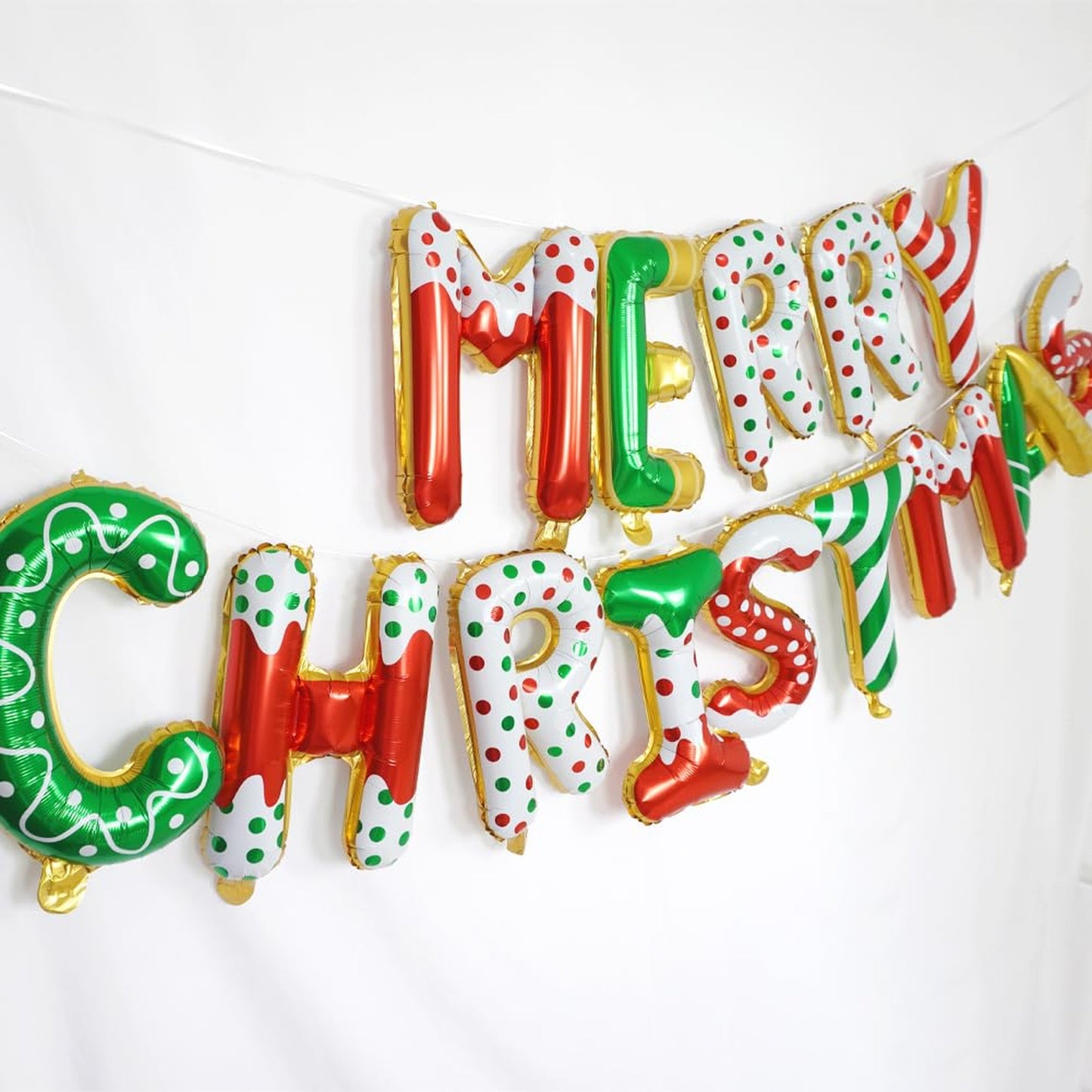 Xmas Party Balloon Banner - Festive Red Green Gold Happy Style Sign with 16" Donut Balloons Letter for Indoor Outdoor Decor - Merry Themed Arrangement